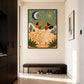 Celestial Dance artwork displayed above an entryway bench beside tall doors.