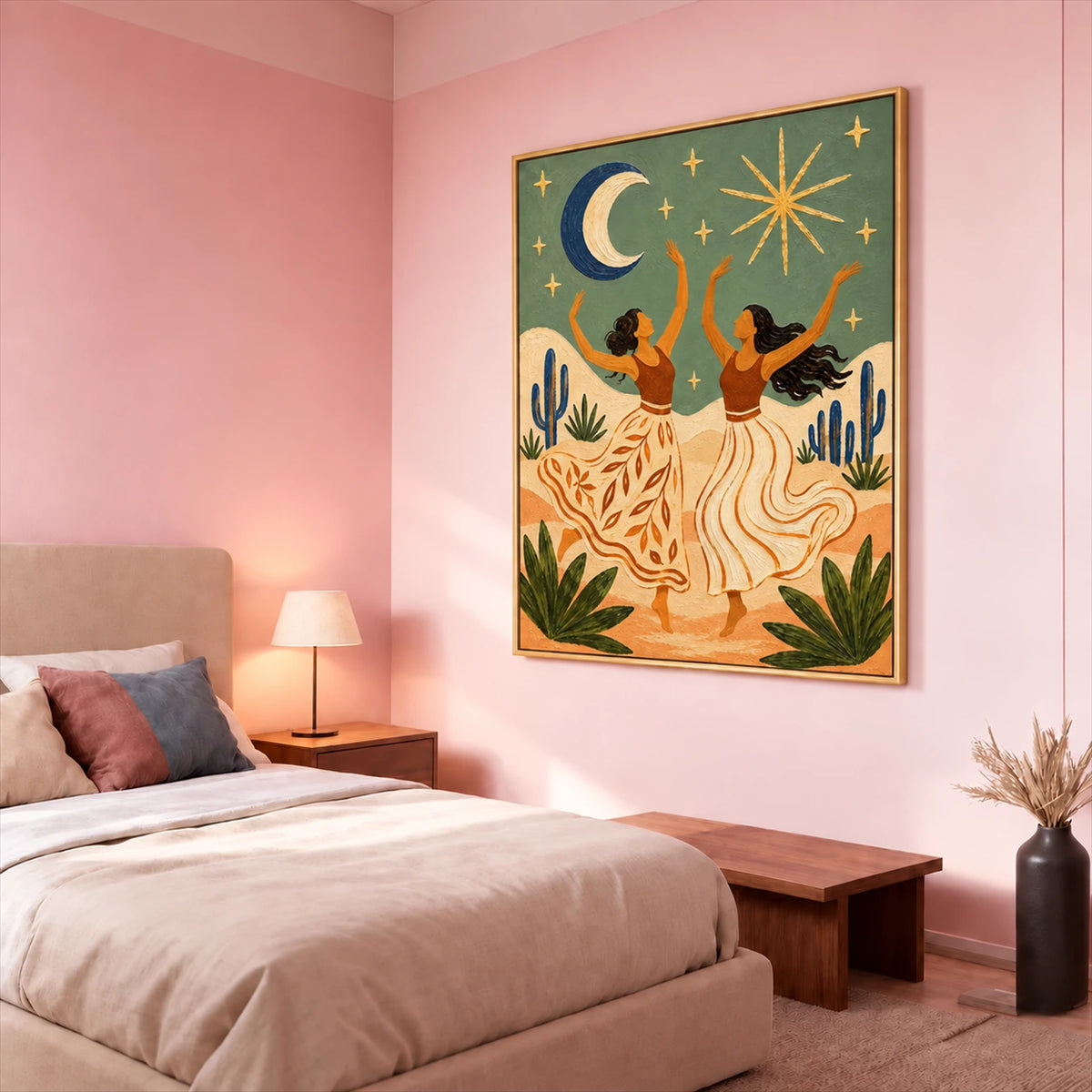 Celestial Dance artwork displayed above a bed against a soft pink wall.