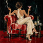 Scarlet Lounge full artwork. A woman in flowing ivory sits sideways in a scarlet armchair, holding a pink cocktail as a ribbon of smoke curls upward.