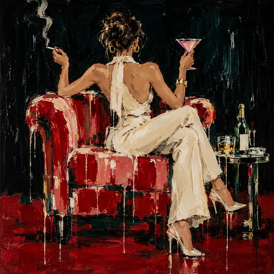 Scarlet Lounge full artwork. A woman in flowing ivory sits sideways in a scarlet armchair, holding a pink cocktail as a ribbon of smoke curls upward.