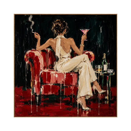 Scarlet Lounge square artwork in a natural wood frame on a transparent background.