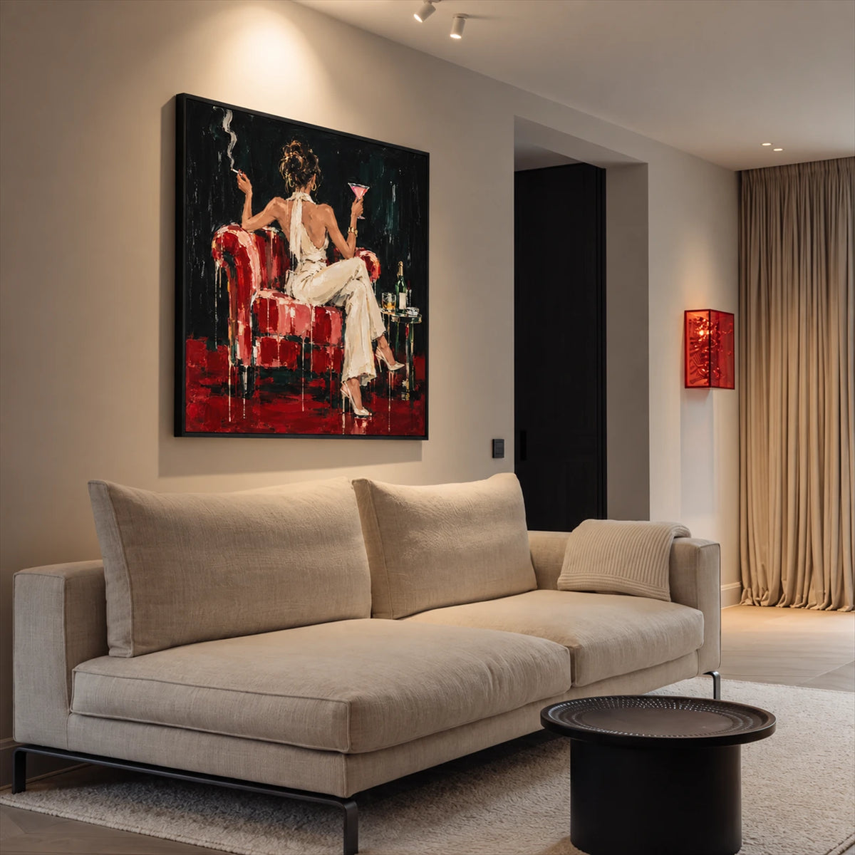 Scarlet Lounge artwork displayed above a pale sectional sofa.
