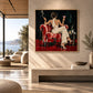 Scarlet Lounge artwork displayed above a fireplace in a sunlit sitting room.