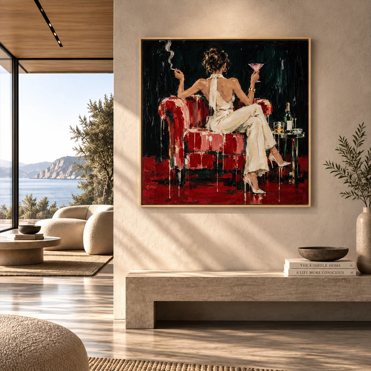 Scarlet Lounge artwork displayed above a fireplace in a sunlit sitting room.