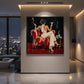 Scarlet Lounge artwork displayed on a lit wall beside city windows at night.