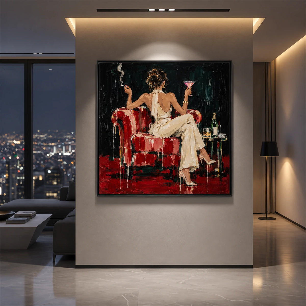 Scarlet Lounge artwork displayed on a lit wall beside city windows at night.