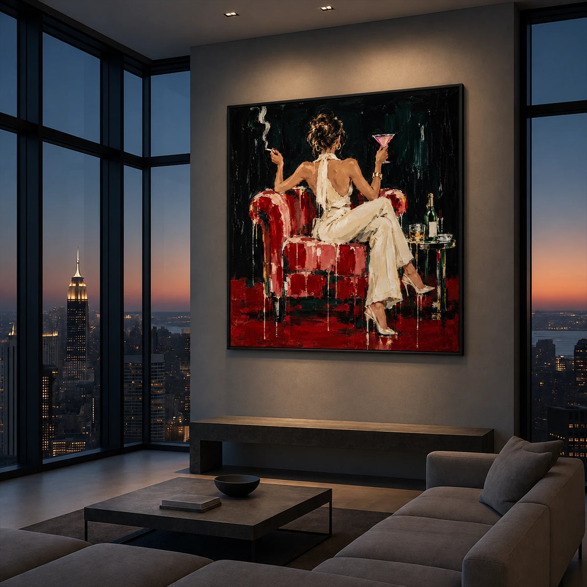 Scarlet Lounge artwork displayed above a low cabinet beside tall windows.