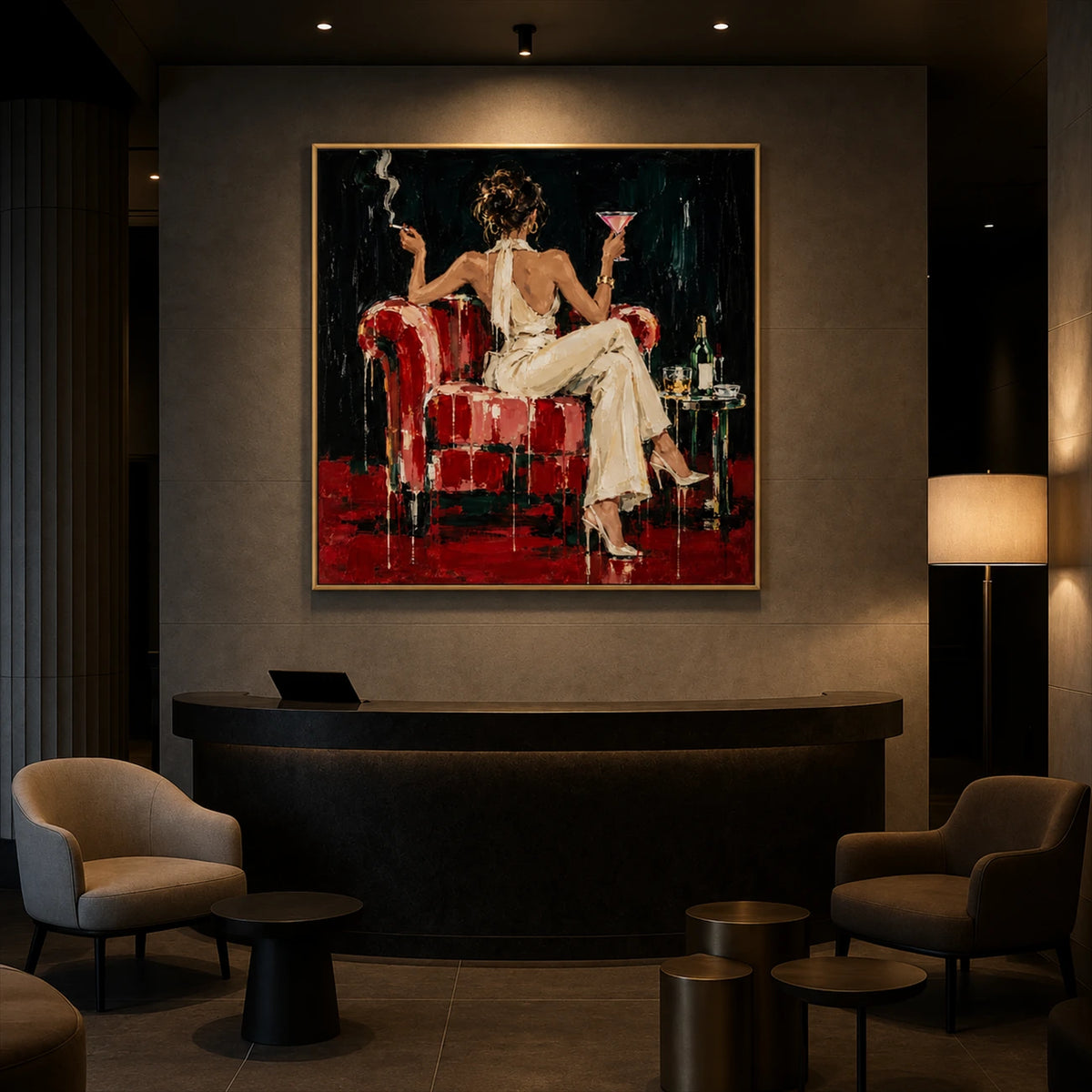 Scarlet Lounge artwork displayed above a dark console between two lounge chairs.
