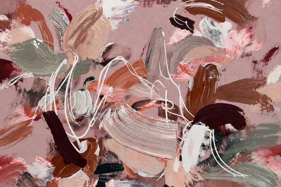Rose Cadence full artwork. Broad strokes of blush, terracotta, burgundy and soft gray overlap across a pale pink ground.
