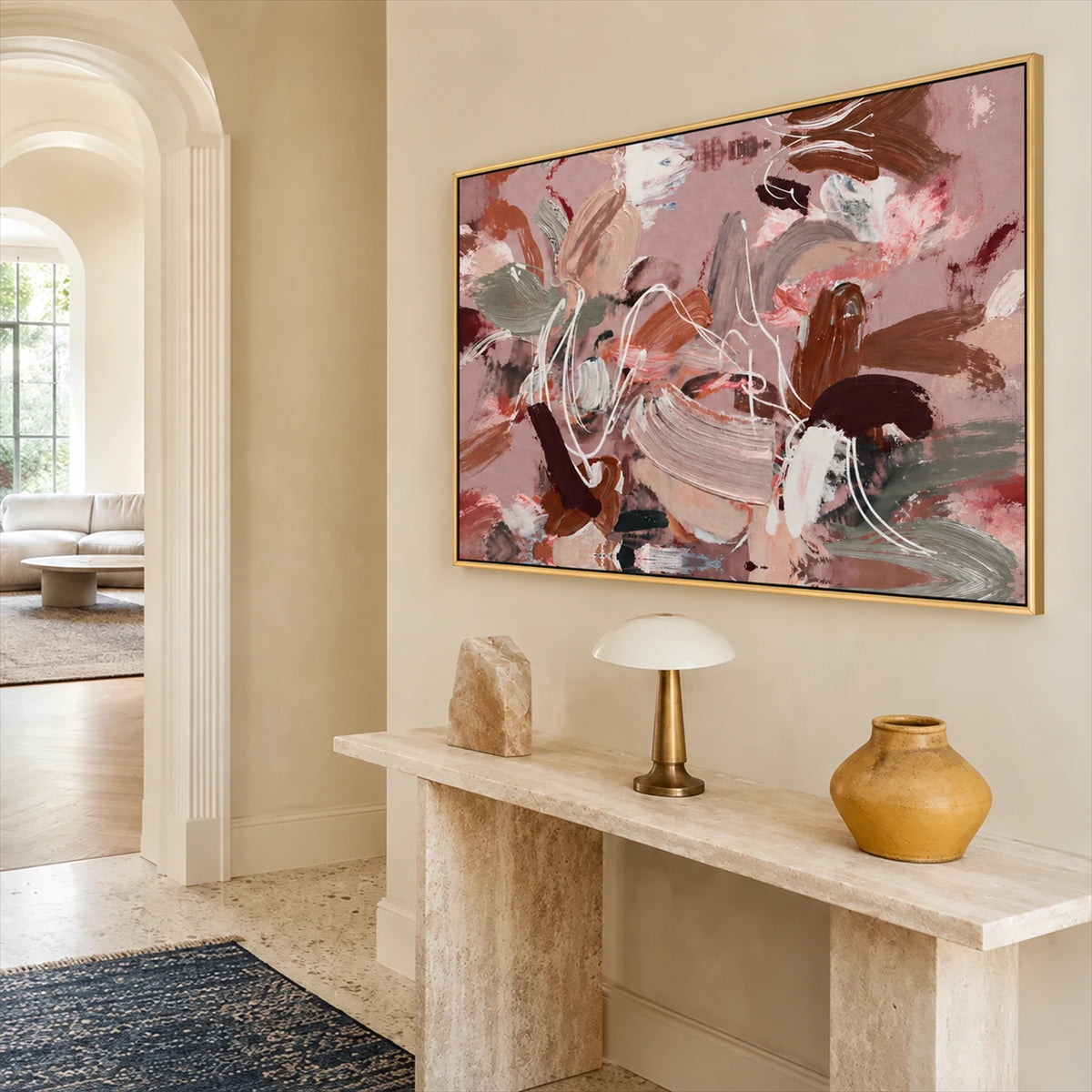Rose Cadence artwork displayed above a pale console beside an arched doorway.