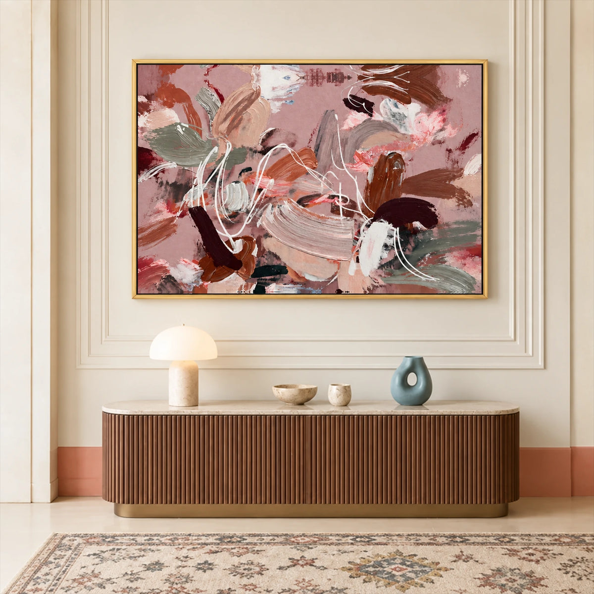 Rose Cadence artwork displayed above a wooden sideboard on a paneled wall.