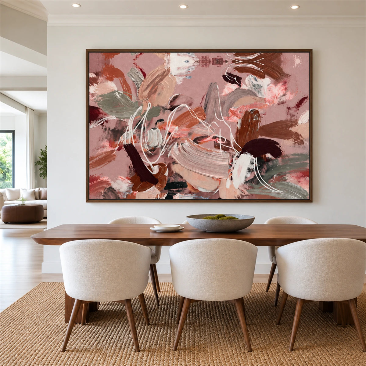 Rose Cadence artwork displayed beside a dining table with upholstered chairs.