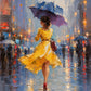 Rainlit Saffron full artwork. A woman in a flowing yellow dress walks beneath a blue umbrella through a rain-soaked city.