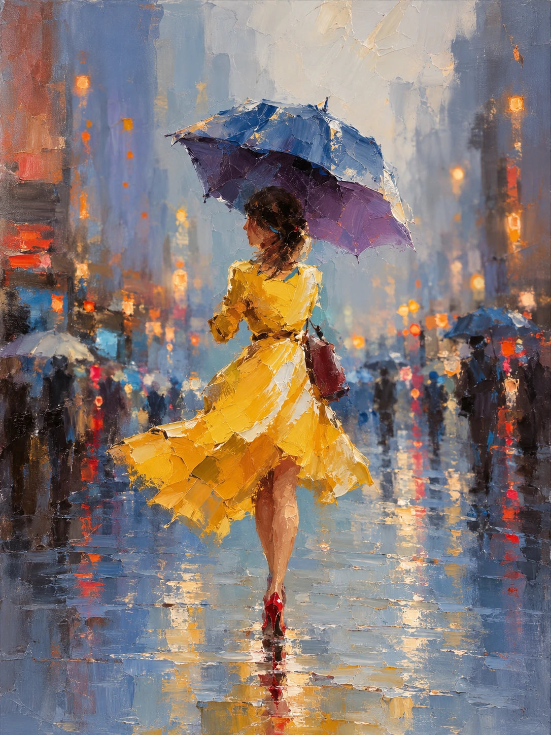 Rainlit Saffron full artwork. A woman in a flowing yellow dress walks beneath a blue umbrella through a rain-soaked city.