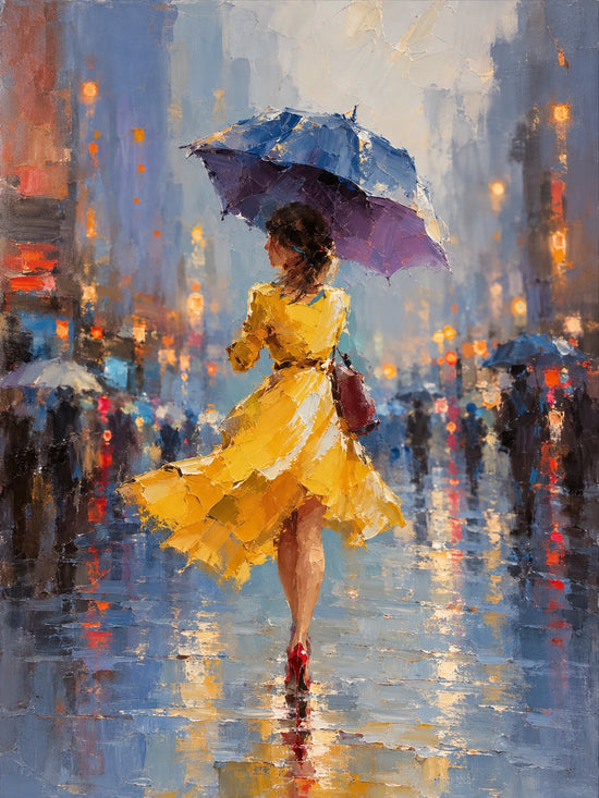 Rainlit Saffron full artwork. A woman in a flowing yellow dress walks beneath a blue umbrella through a rain-soaked city.