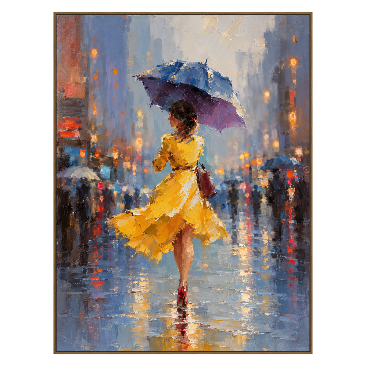 Rainlit Saffron vertical artwork in a natural wood frame on a transparent background.