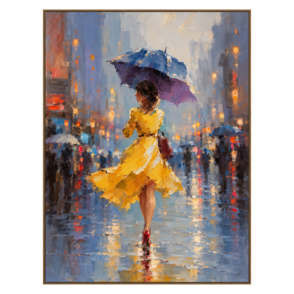 Rainlit Saffron vertical artwork in a natural wood frame on a transparent background.