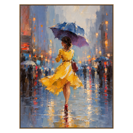 Rainlit Saffron vertical artwork in a natural wood frame on a transparent background.