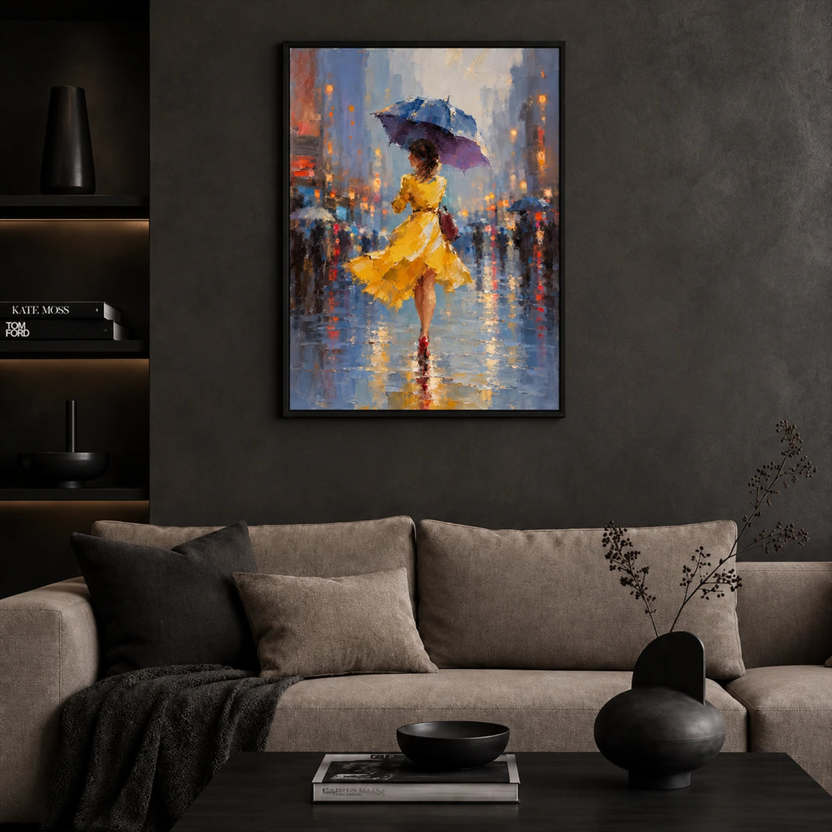 Rainlit Saffron artwork displayed above a gray sofa on a dark wall.