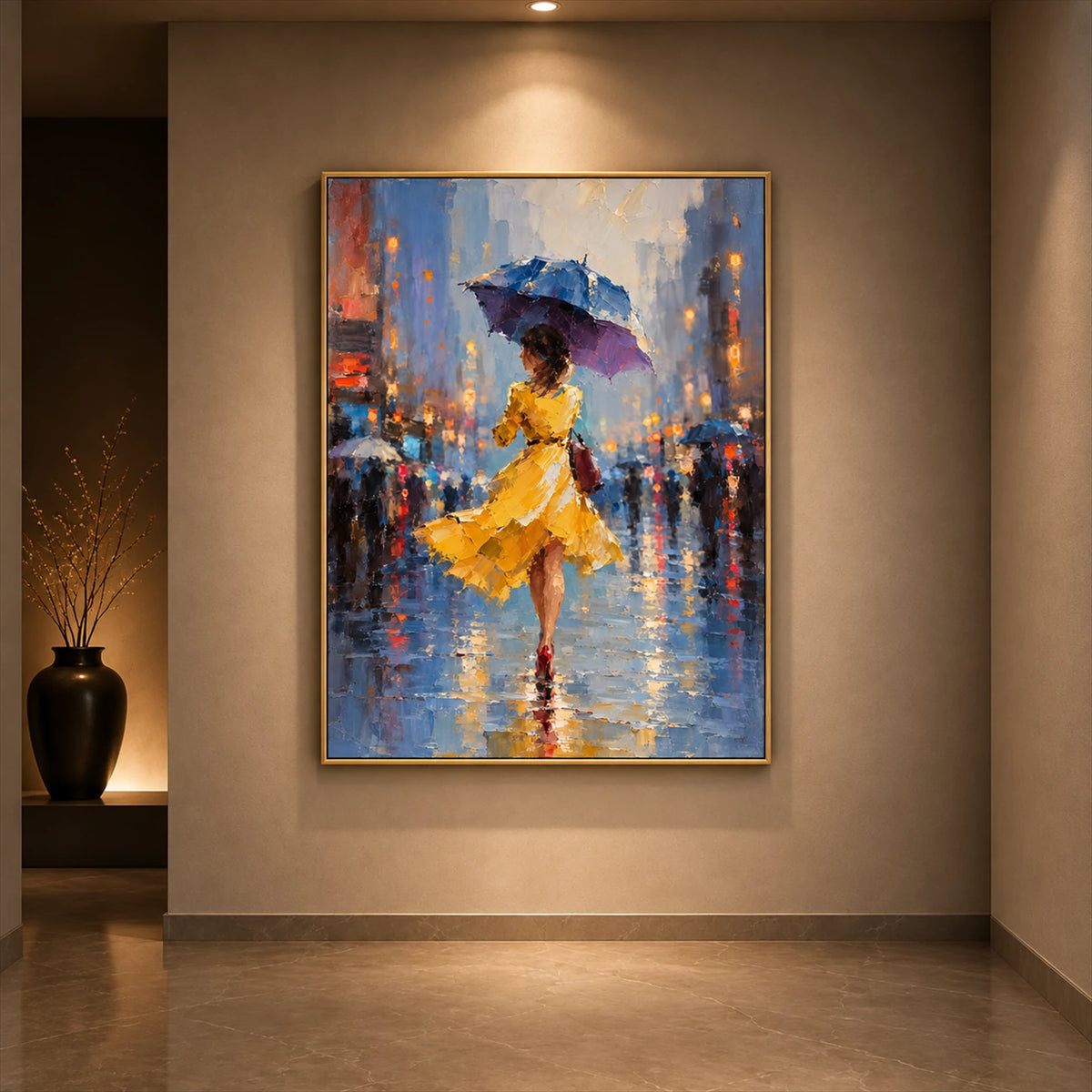 Rainlit Saffron artwork displayed on a softly lit gallery wall.