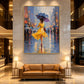 Rainlit Saffron artwork displayed above a tan sofa in a tall lobby.