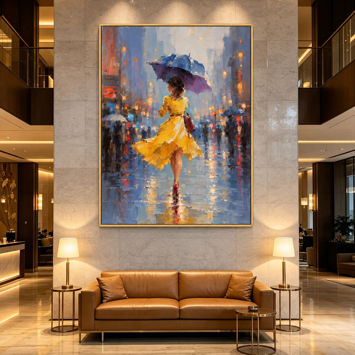 Rainlit Saffron artwork displayed above a tan sofa in a tall lobby.