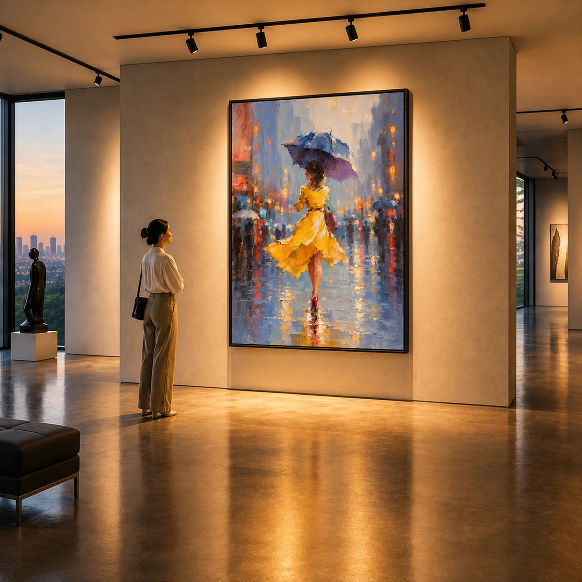 Rainlit Saffron artwork displayed on a gallery wall beneath track lighting.