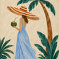 Palm Daydream full artwork. A woman in a flowing blue dress holds a green coconut beneath a leaning palm.