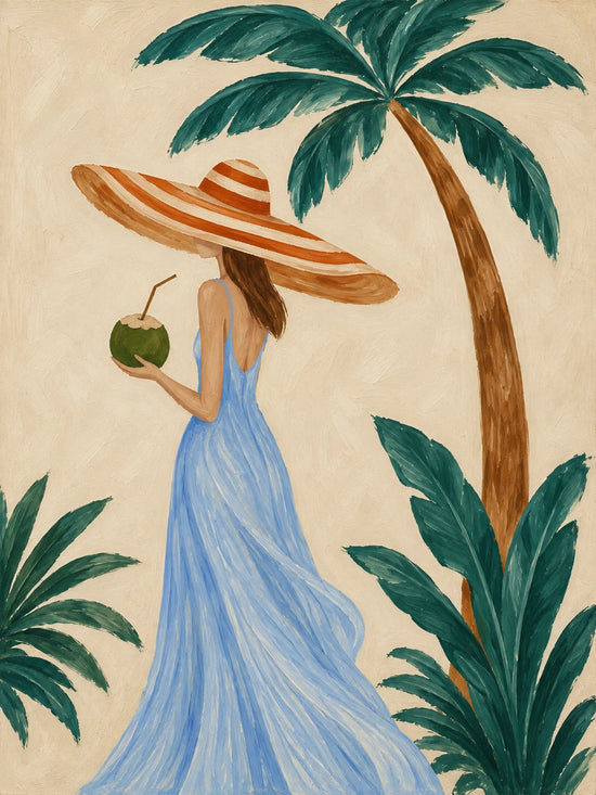 Palm Daydream full artwork. A woman in a flowing blue dress holds a green coconut beneath a leaning palm.