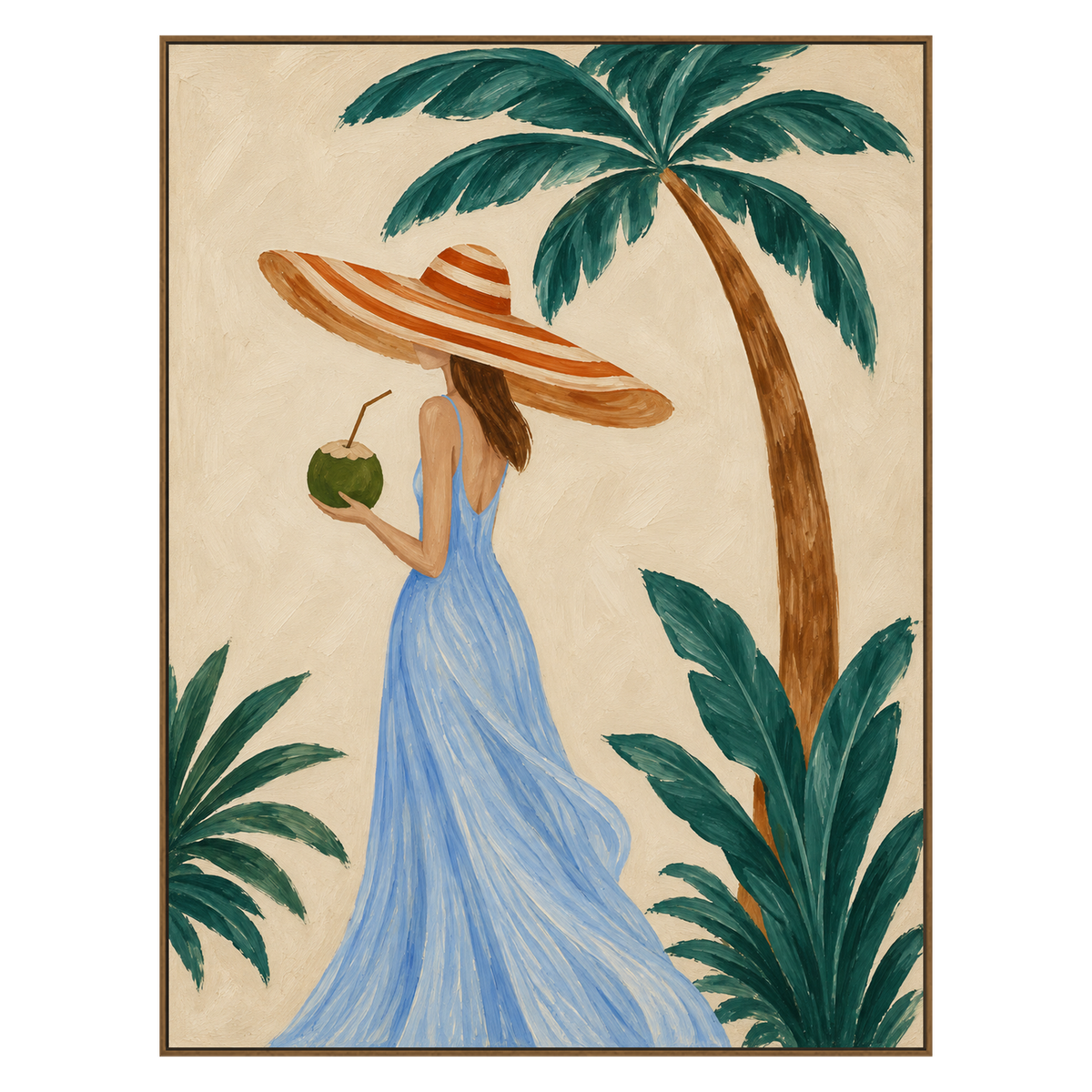 Palm Daydream vertical artwork in a natural wood frame on a transparent background.