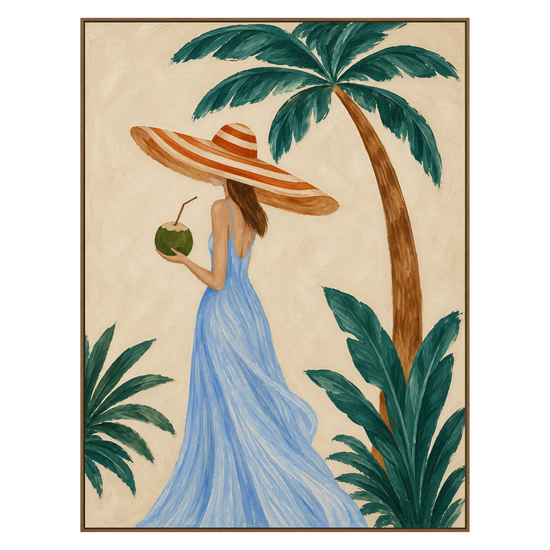 Palm Daydream vertical artwork in a natural wood frame on a transparent background.