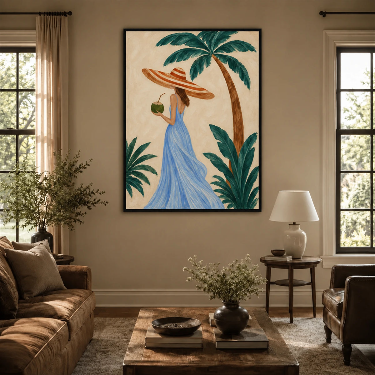 Palm Daydream artwork displayed above a sofa in a warm neutral sitting room.