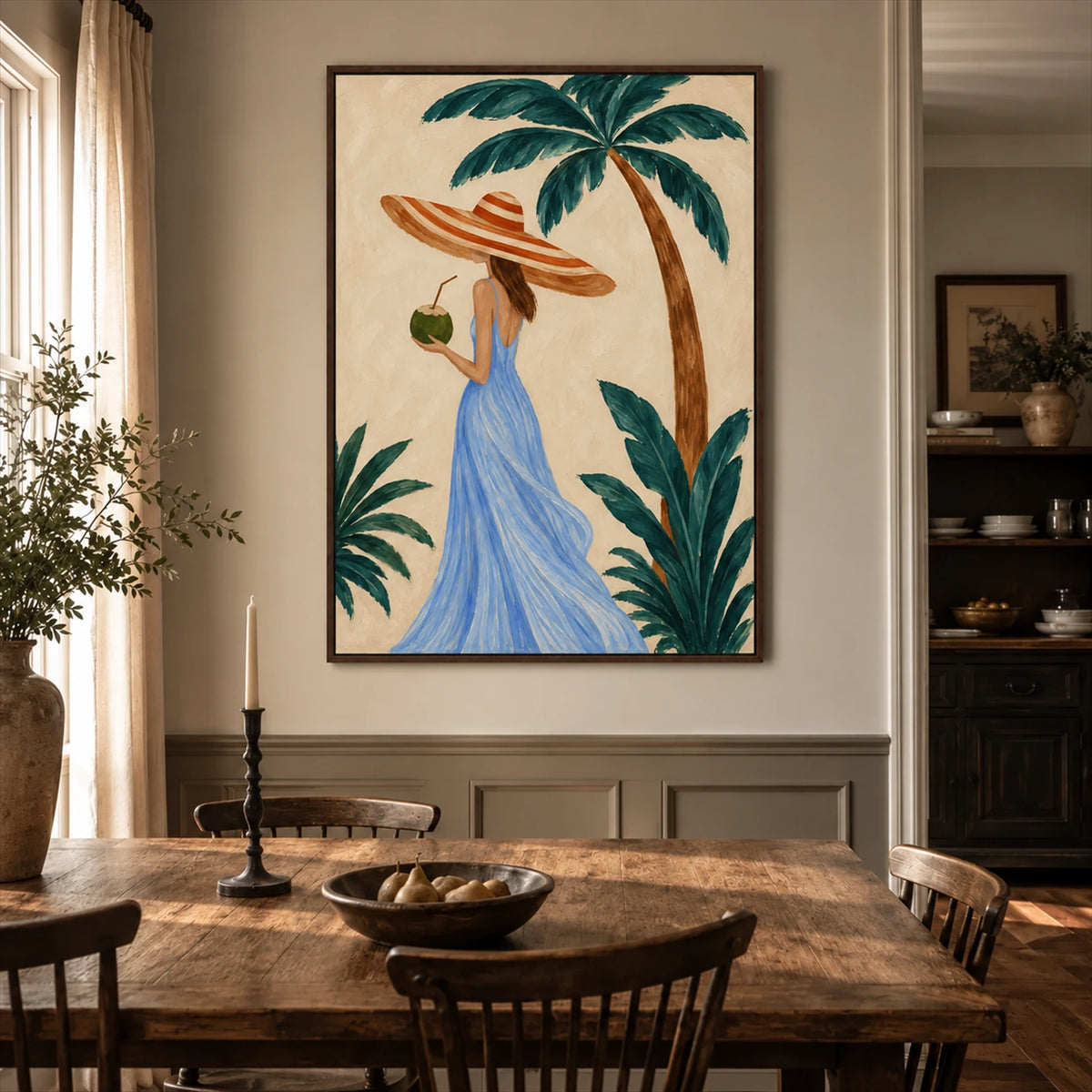 Palm Daydream artwork displayed above a wooden dining table.