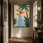 Palm Daydream artwork displayed above wall paneling in a narrow hallway.
