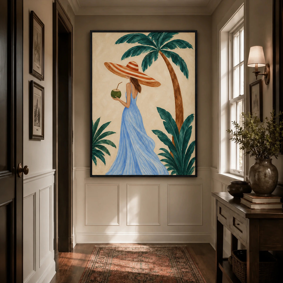 Palm Daydream artwork displayed above wall paneling in a narrow hallway.
