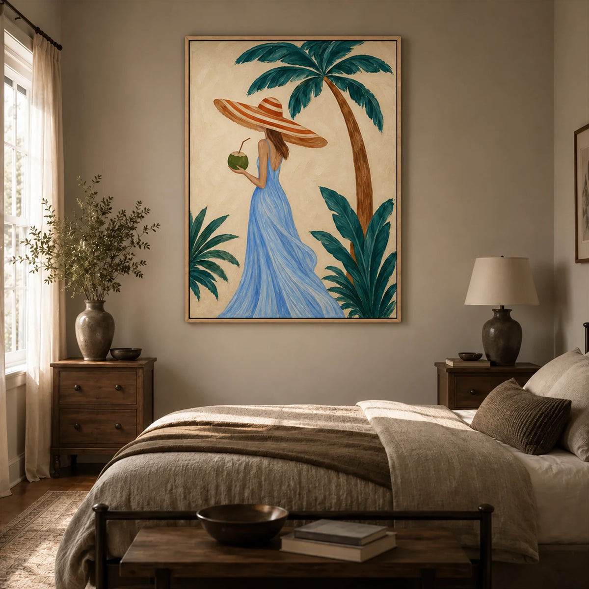 Palm Daydream artwork displayed beside a bed and sunlit windows.