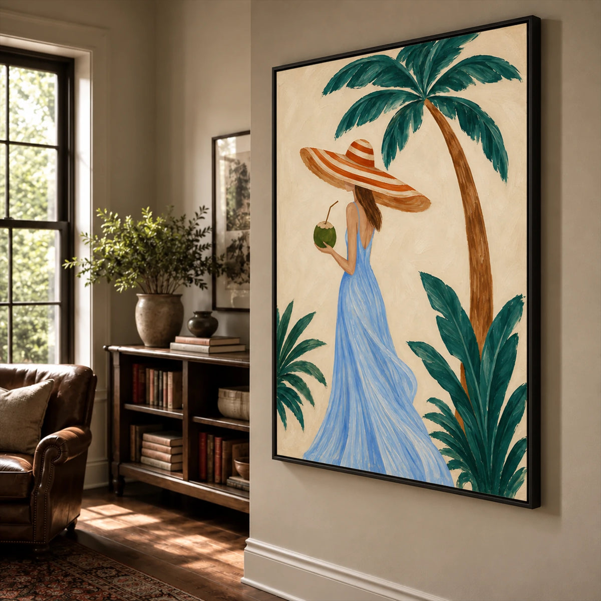 Palm Daydream artwork displayed beside a bookshelf and window in a reading corner.
