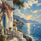 Azure Terrace full artwork. A sunlit stone terrace overlooks a brilliant blue sea dotted with small sailboats.