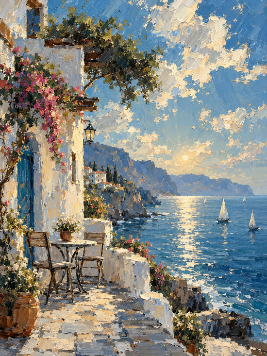 Azure Terrace full artwork. A sunlit stone terrace overlooks a brilliant blue sea dotted with small sailboats.