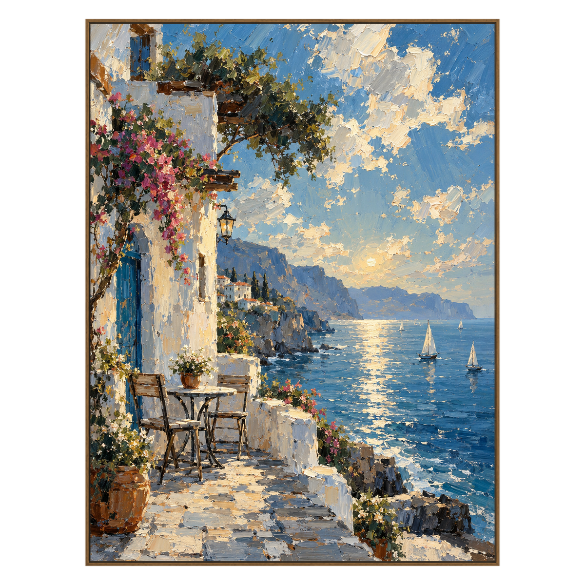 Azure Terrace vertical artwork in a natural wood frame on a transparent background.