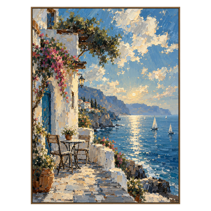 Azure Terrace vertical artwork in a natural wood frame on a transparent background.