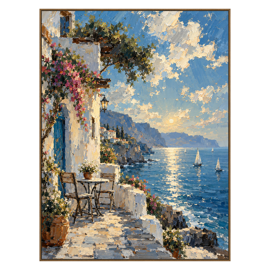 Azure Terrace vertical artwork in a natural wood frame on a transparent background.