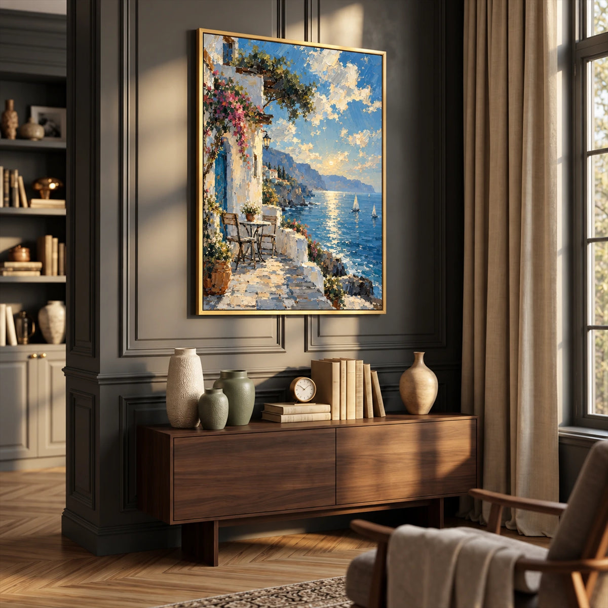 Azure Terrace artwork displayed above a wooden sideboard beside a lounge chair.