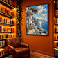 Azure Terrace artwork displayed beside bookshelves and a brown leather chair.