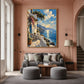 Azure Terrace artwork displayed above a sofa on a soft pink wall.