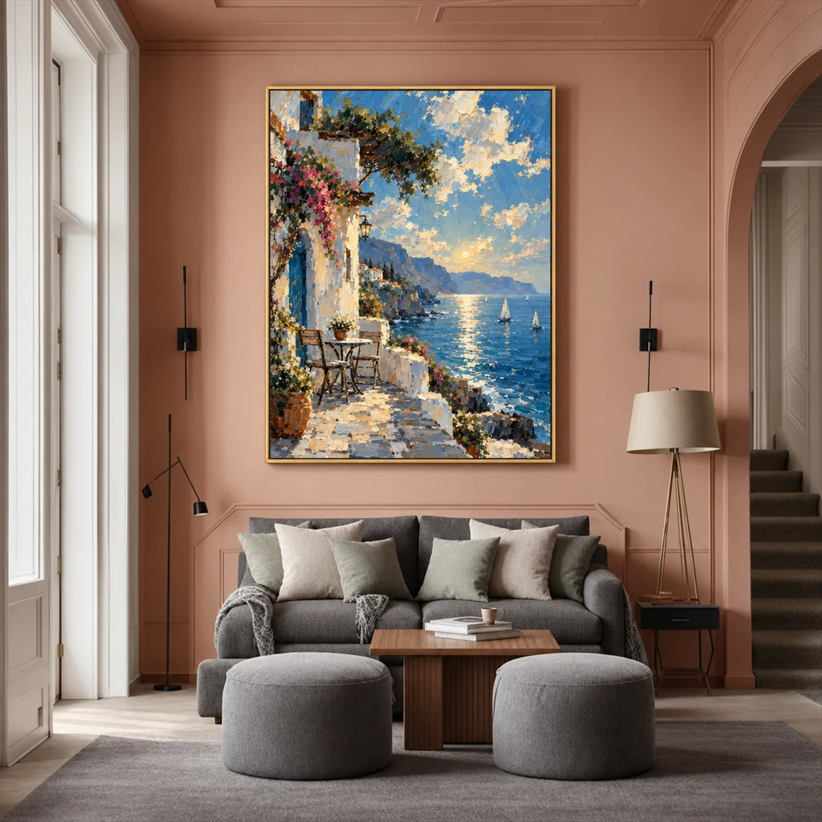 Azure Terrace artwork displayed above a sofa on a soft pink wall.