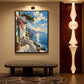 Azure Terrace artwork displayed above an upholstered bench beside a pendant light.