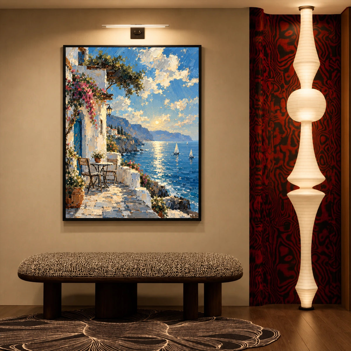 Azure Terrace artwork displayed above an upholstered bench beside a pendant light.