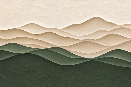 Quiet Contours full artwork. Soft bands of ivory and sand rise above layered green hills in a quietly rhythmic landscape.