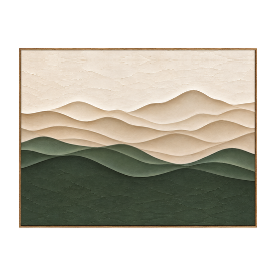 Quiet Contours horizontal artwork in a natural wood frame on a transparent background.